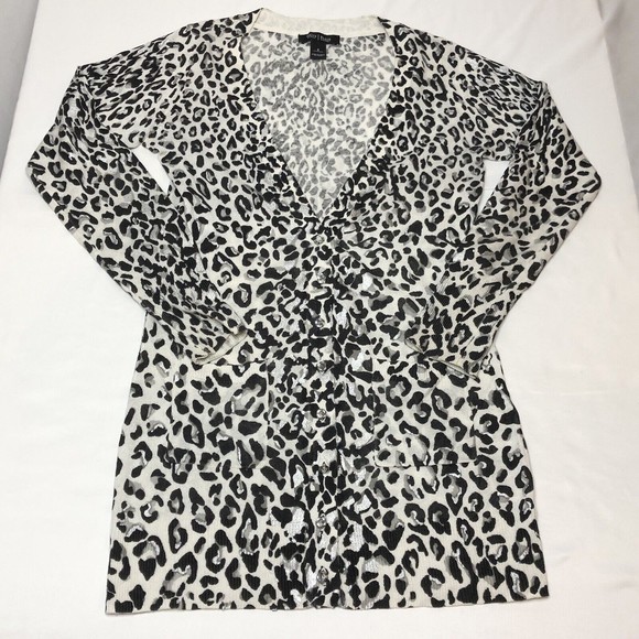 White House Black Market SMALL Long Cardigan Sweater Leopard Print Silver Button - Picture 1 of 11